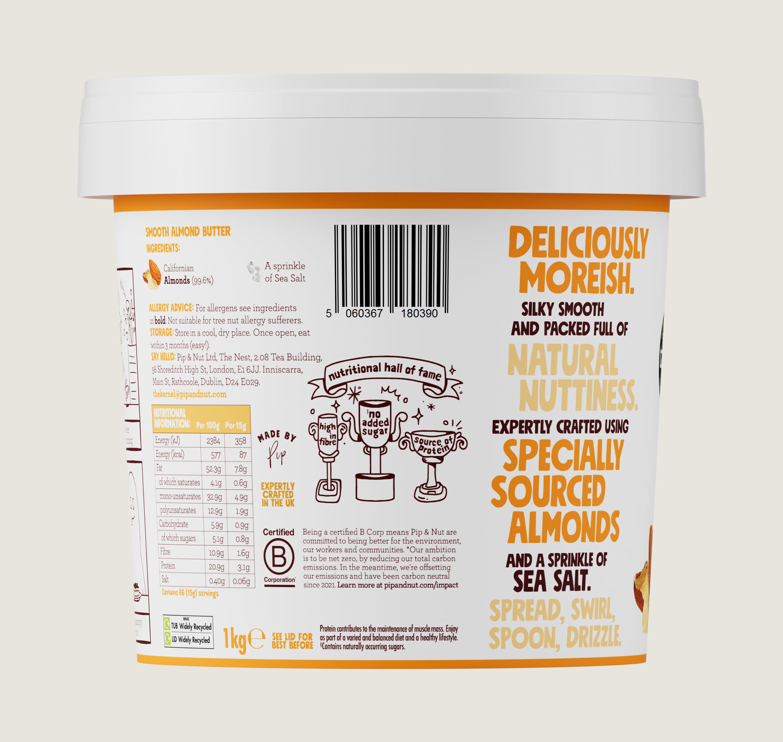 Smooth Almond Butter 1kg Tub | Pip & Nut